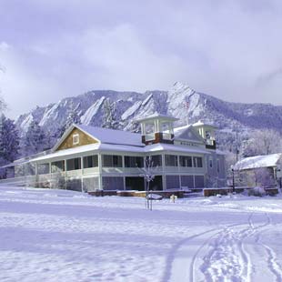 The dining hall amidst the snow at Colorado Chautauqua